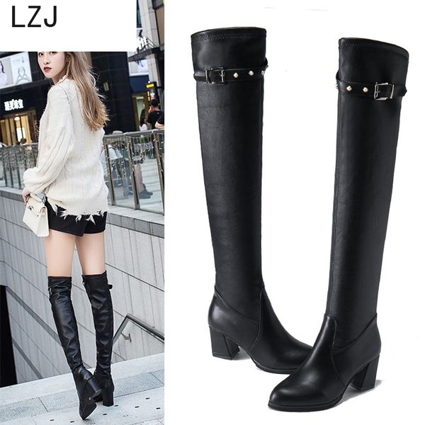 

lzj warm heels female autumn winter leather boots black over the knee boots platform lady chunky high pumps shoes woman