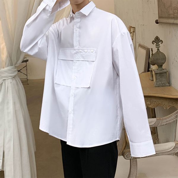 

men long sleeve loose casual white shirt men streetwear fashion hip hop pocket design shirt, White;black