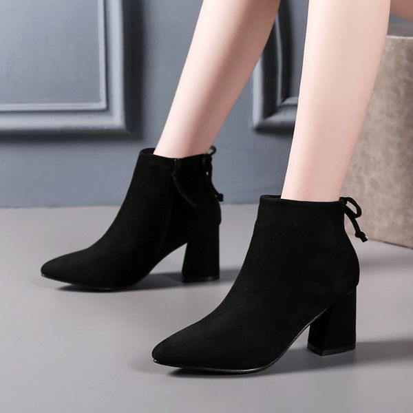 

winter shoes women chunky heel lady boots luxury designer zipper bootee woman 2019 ladies fashion high heel rubber autumn, Black