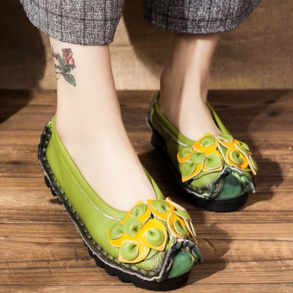 

women loafers genuine split leather flower flat heels round toe ethnic soft sole solid platform ladies shoes zapatos de mujer, Black