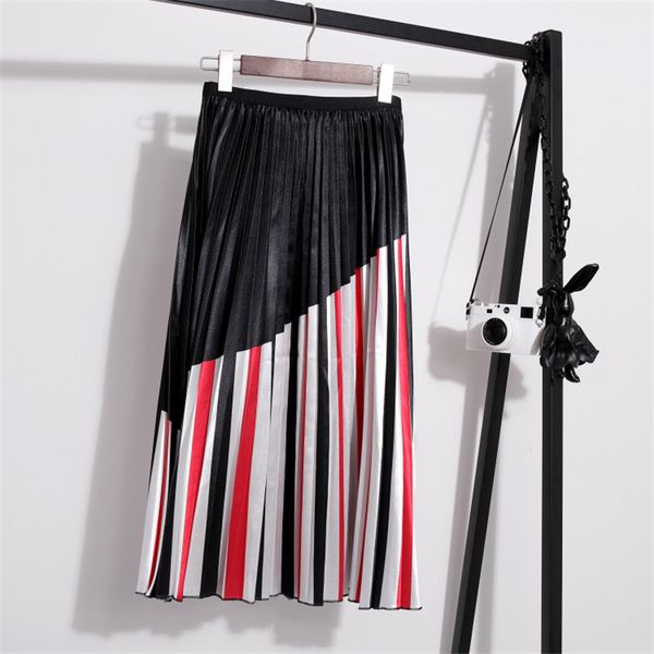 

long skirt female spring high waist 2019 niche lattice stitching a word skirt gothic holiday casual pleated bohemian skirts, Black