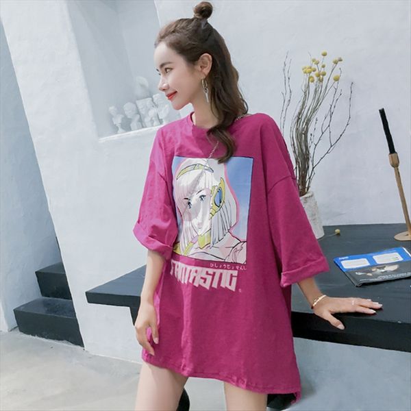 

loose large-size short-sleeved t- female round collar medium and long shirt style front short back long fat mm half-sleeve base shirt pure, White