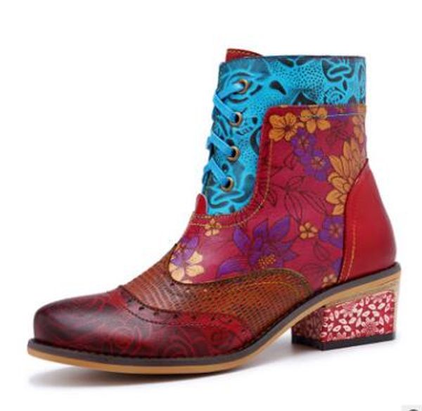 

2018 new casual women's shoes retro national leather lace-up printed women's boots cowboy boots, Black