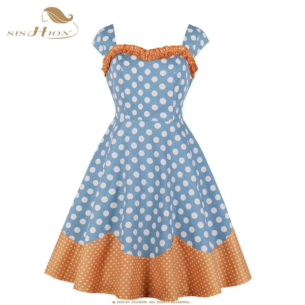 

sishion denim blue polka dots dress vd1069 hepburn style women ladies summer cotton pretty swing vintage retro dresses, Black;gray