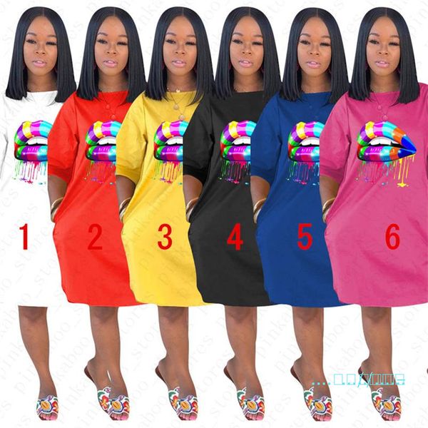 

summer woman loose dresses rainbow lips print ladies casual dress outdoor beach sports long t shirt clothing d5704, White