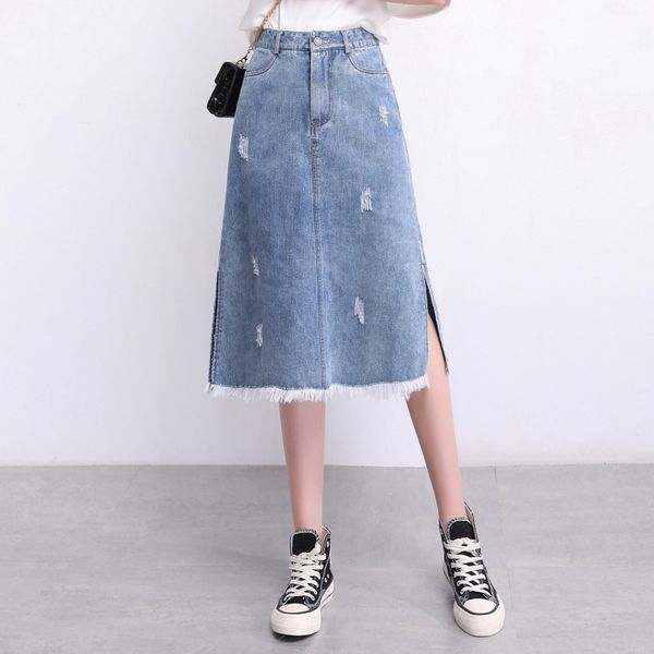 

women summer high waist denim skirt with split burrs office lady korean slim casual plus size mid-long hole jean skirts 9719, Black