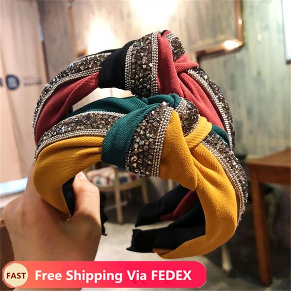 

2020 новое прибытие моды кристалл широкий оголовье vintage женские лоскутная блестящая sequin волос обруч крест узел лук hairband, Black;brown