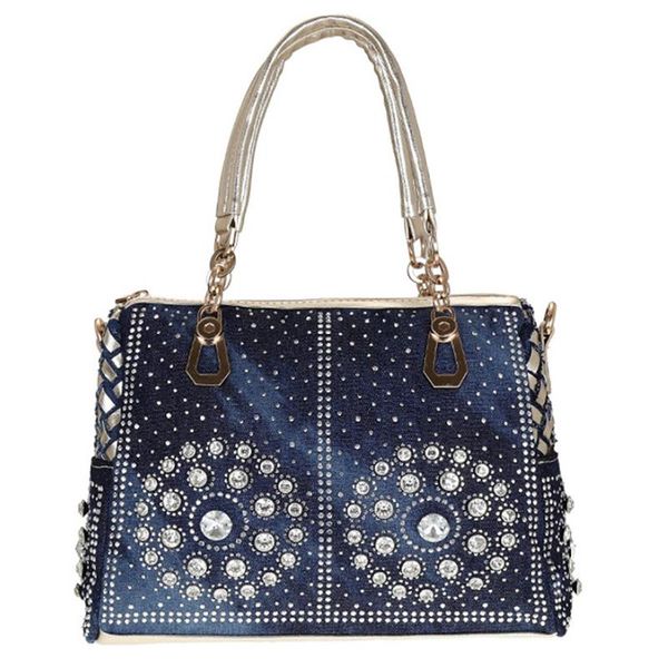 

2019 new fashion chic denim fireworks rhinestones women handbag handle decoration patchwork ladies shoulder bag clutch
