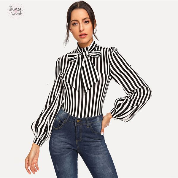 

black casual blouses white stand collar tie neck striped women autumn solid workwear weekend and minimalist
