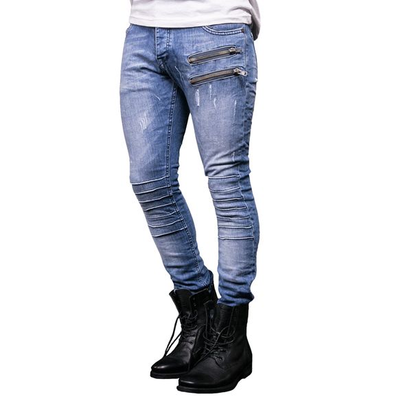 

skinny jeans men fake zippers high street hip hop pencil pants solid blue pleated full length 2019 summer thin denim trousers