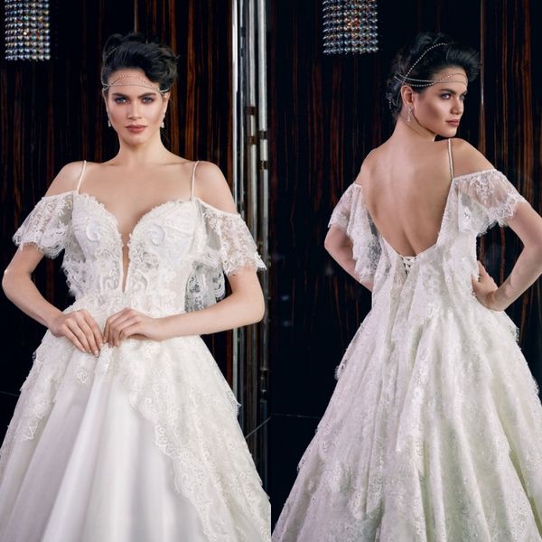 

alisse nuera spaghetti wedding dresses short sleeve lace appliques beads bohemian bridal gowns backless a-line wedding dress customized, White