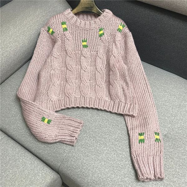 

luxury designer brand knitted pullovers for women causel o neck three dimensional flower embroidery short knitted sweater, White;black