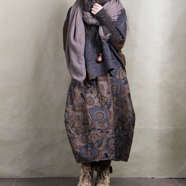 

johnature 2019 autumn winter new warm vintage women skirt elastic waist flower cotton chinese style national long skirt, Black;gray