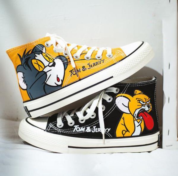 

designer tom and jerry japanese style anime high shoes canvas shoes men women student graffiti canvas shoes cute cartoon casual sneakers, Black