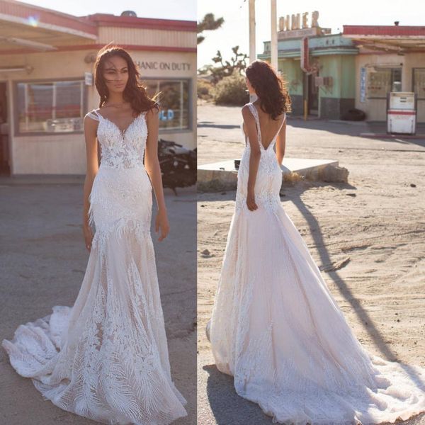 

milla nova 2019 backless mermaid wedding dresses v neck lace appliqued beads bridal gowns bohemian beach custom made wedding dress, White