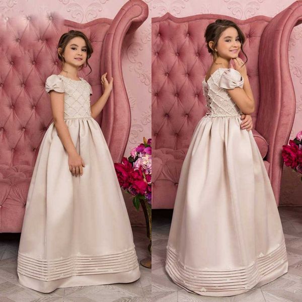 

vintage satin 2019 flower girl dresses short sleeve jewel neck little girl wedding dresses beads communion pageant dresses gowns, White;blue
