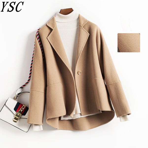 

ysc handmade 2019 new design women wool coat turn collar loose thickening coat short style pocket decoration, Black