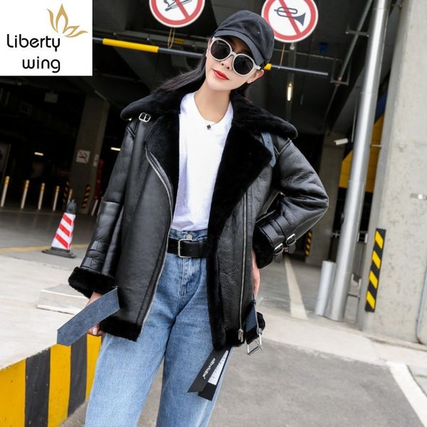 

winter women luxury real fur jacket warm wool lining shearling coat genuine leather design boyfriend motor biker female overcoat, Black