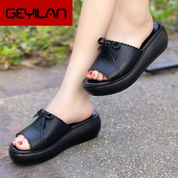 

women slipper's 2020 ladies summer slippers shoes women wedges heels fashion summer genuine leather shoes platform, Black