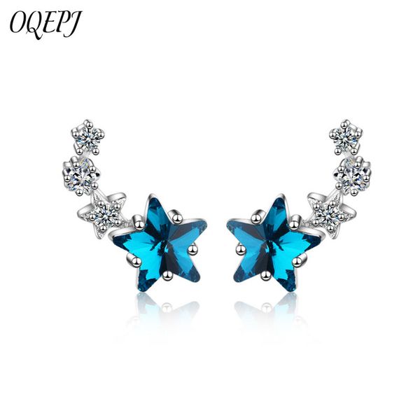 

oqepj cute blue crystal star earring 925 sterling silver party korean trendy creative earrings shiny zircon jewelry for women, Golden;silver