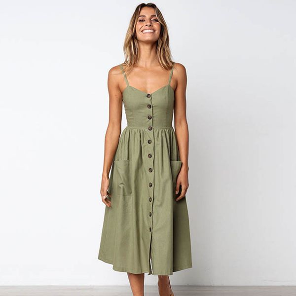 

vintage army green sundress women summer dress 2019 boho style dress midi button backless striped floral beach female, Black;gray