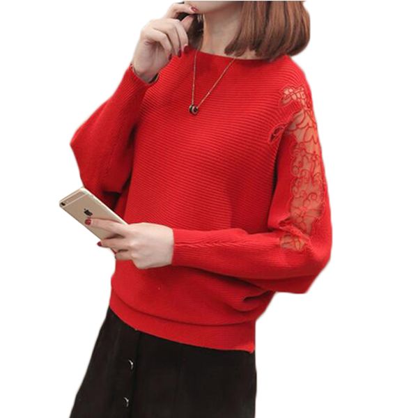 

autumn women knit pullover sweater 2018new fashion lace splicing loose bat sleeve knitwear casual female spring clothes 251, White;black