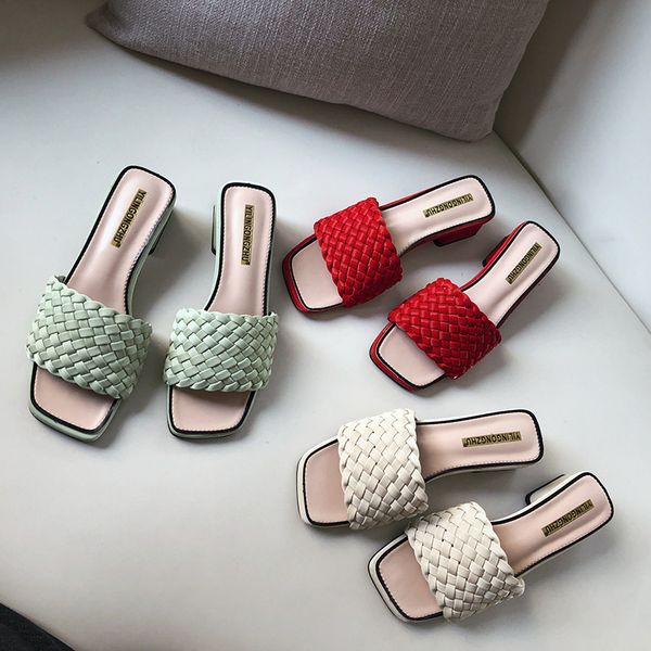 

eoeodoit women summer slippers med square heel open toe leather sandals outside casual drags slides shoes, Black