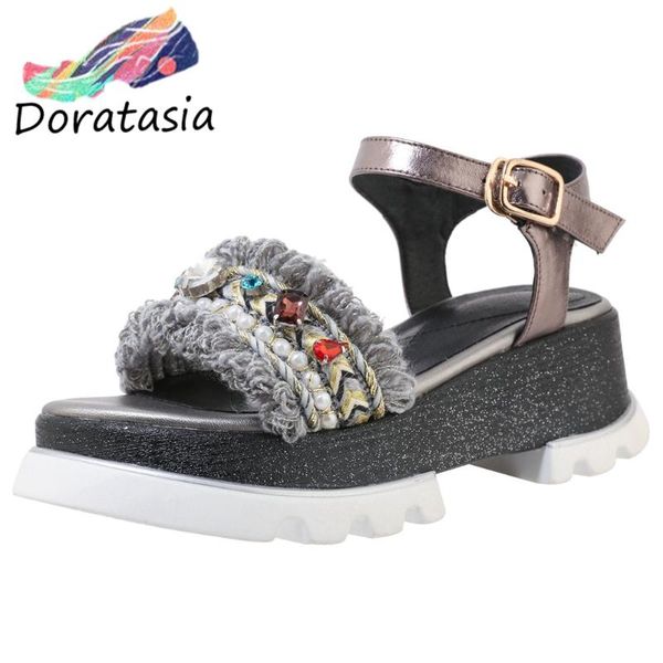 

doratasia new women cool genuine leather platform shoes high wedges summer sandals women fashion decorating sandals, Black