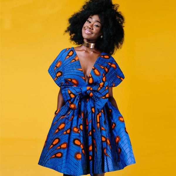 

fashion mini dress 2020 new v neck robe african dresses for women bazin riche clothes vestidos dashiki print party vacation, Red