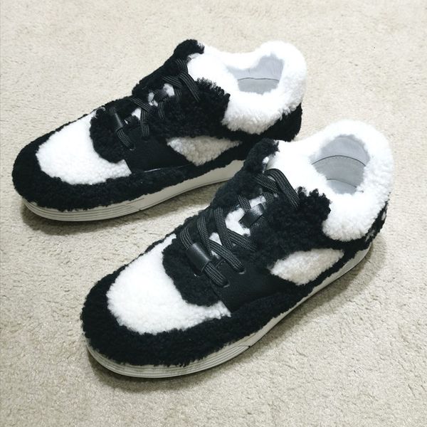 

women winter platform plush panda sports boot luxury woman lace-up sneakers cute black and white sneakers luxury lambswool casual shoes