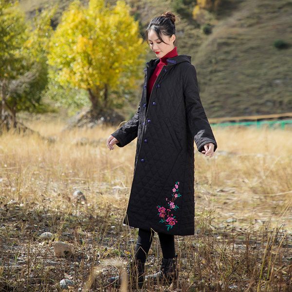 

women hooded embroidered long coat parkas female padded overcoat ladies vintage embroidery warm outerwear oat, Black