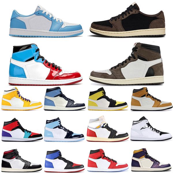 

new style yellow toe fearless obsidian travis scotts og 1 1s basketball shoes spiderman bred first class flight unc mens trainers sneakers, White;red
