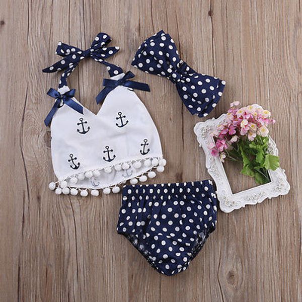 

summer baby girls clothes anchor polka dot briefs shorts 3pcs outfits set beachwear, White