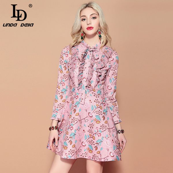 

ld linda della 2019 spring fashion runway dress women's long sleeve bow collar ruffles ruched floral print vintage elegant dress, Black;gray