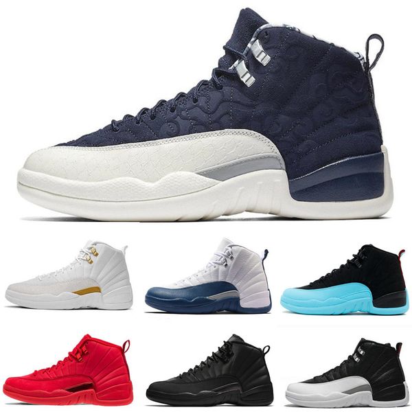 

12s mens basketball shoes 12 ovo white french blue gym red suede flu game men women sports shoes sneakers size 7-13