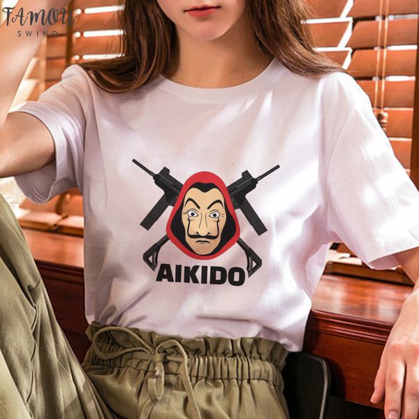 

2020 tv la casa de papel t shirt women money heist tee tshirt casual plus size house paper funny, White