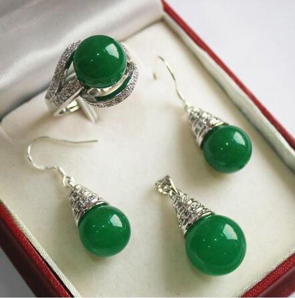 

silver plated 12mm green jade pendant earring adn ring jewelry sets, Black