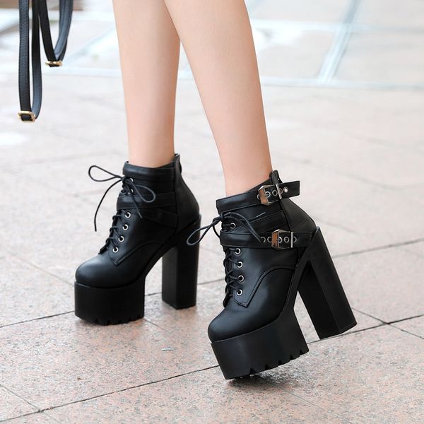 

fashion black boots women spring autumn lace-up soft leather platform shoes woman party ankle boots high heels 14cm ghn89