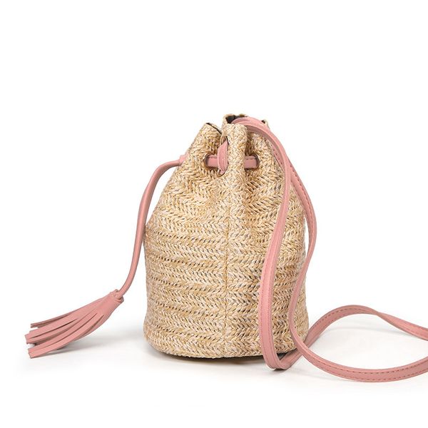 

fggs summer straw bucket bag weave purse handbag fringe bohemian bag pouch pink