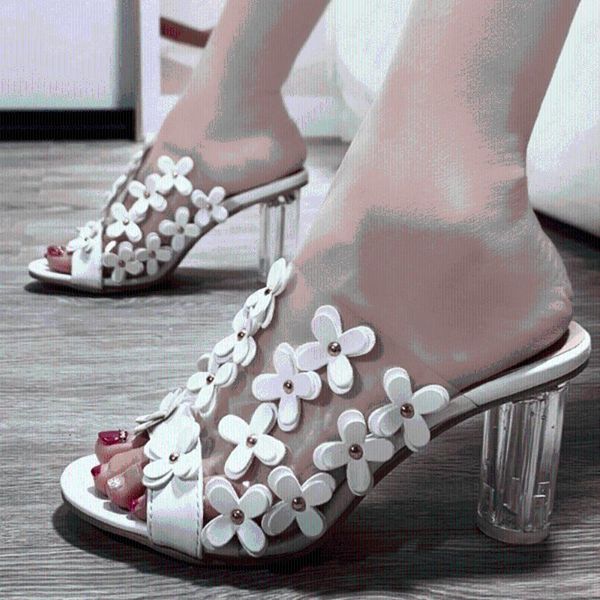 

sarairis high heels 2020 elegant clear heel flowers pvc slipper mules pumps summer sandals women shoes, Black