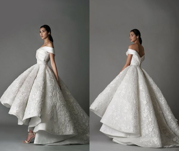 

2019 modest wedding dresses off the shoulder lace 3d floral appliqued high low bridal gowns sweep train custom made vintage wedding dress, White