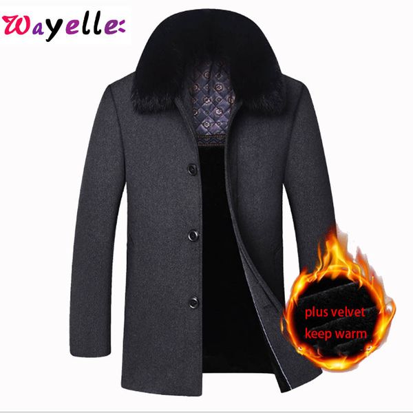 

2019 new winter men's casual warm wool trench coat fashion medium solid fur collar thicken single breasted windbreaker overcoats, Black