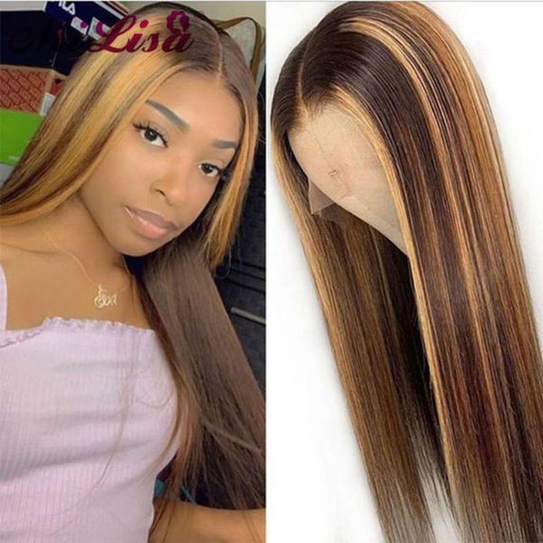 

ombre highlight human hair wig brown honey blonde colored 13x6 lace front wigs for black women remy straight 13x4 frontal wig, Black;brown