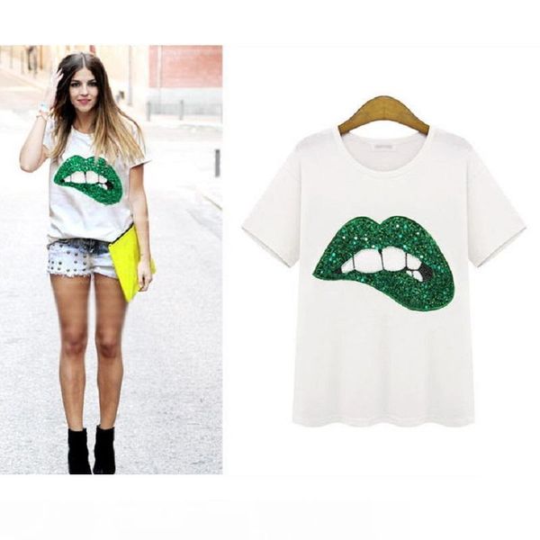 

2017 women's t-shirts green red lips print fashion zsiibo brand new t-shirt short sleeve o-neck tees plus size white casual nv