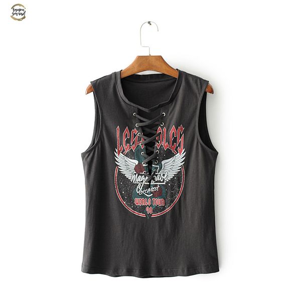 

summer european hippie rock print geometric bandage o neck t shirts women sleeveless casual black cute tees femme, White
