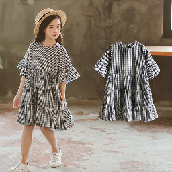 

school big girls plaid dress flare sleeve summer toddler kids dresses loose children clothes size 4 5 6 7 8 10 12 14 years, Red;yellow
