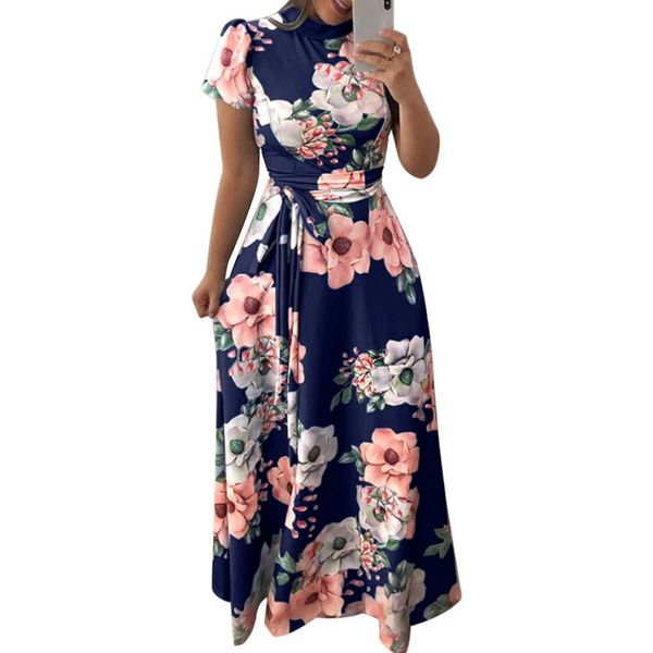 

women dresses woman clothing 2019 floral print long dress short sleeve high waist women maxi dress casual basic long dress flower dresses, Black;gray