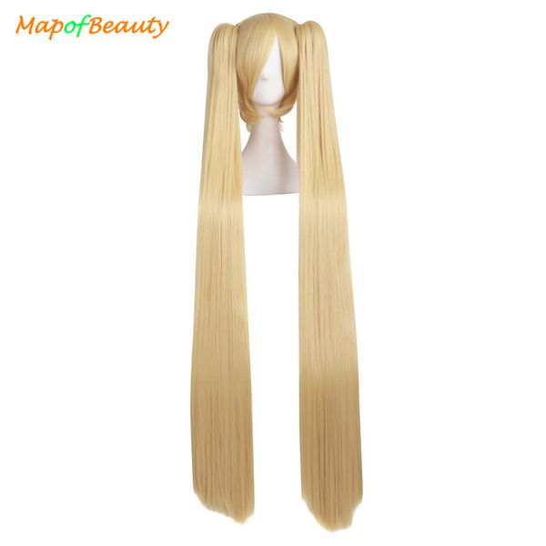 

mapofbeauty long straight cosplay wigs blonde black white blue 4colors 2 ponytails 120cm costume party shape claw synthetic hai