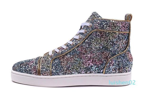 

high 2016 new men womens colorful glitter leather gold line men red bottom shoes for women designer flat casual shoes l02, Black