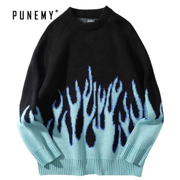 

sweater men streetwear retro flame pattern hip hop autumn new pull over spandex o-neck oversize couple casual men's sweaters, White;black